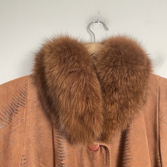 Vtg 70s Suede Trench Coat w/ Genuine Fox Fur Collar Women’s L Brown Aspen Chic - Picture 4 of 16
